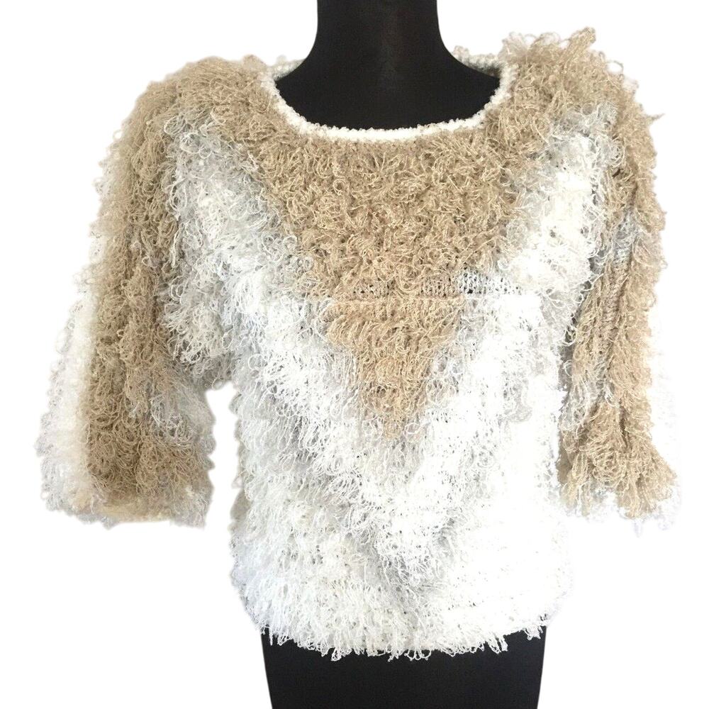 Vintage Hand Crochet Curly Eyelash Sweater Sz M Sideffects NEW Beige White Gray